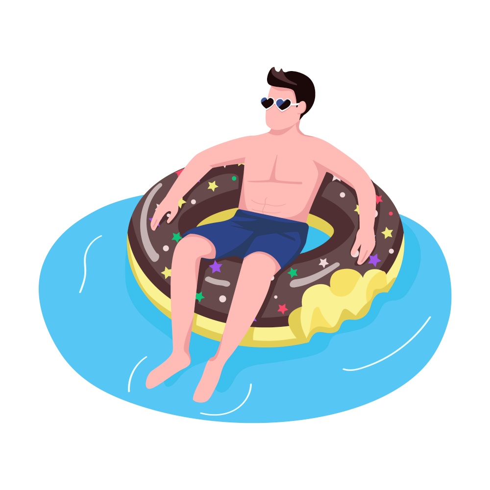 Man in sunglasses in donut air mattress semi flat color vector character. Lying figure. Full body person on white. Pool activity simple cartoon style illustration for web graphic design and animation. Man in sunglasses in donut air mattress semi flat color vector character