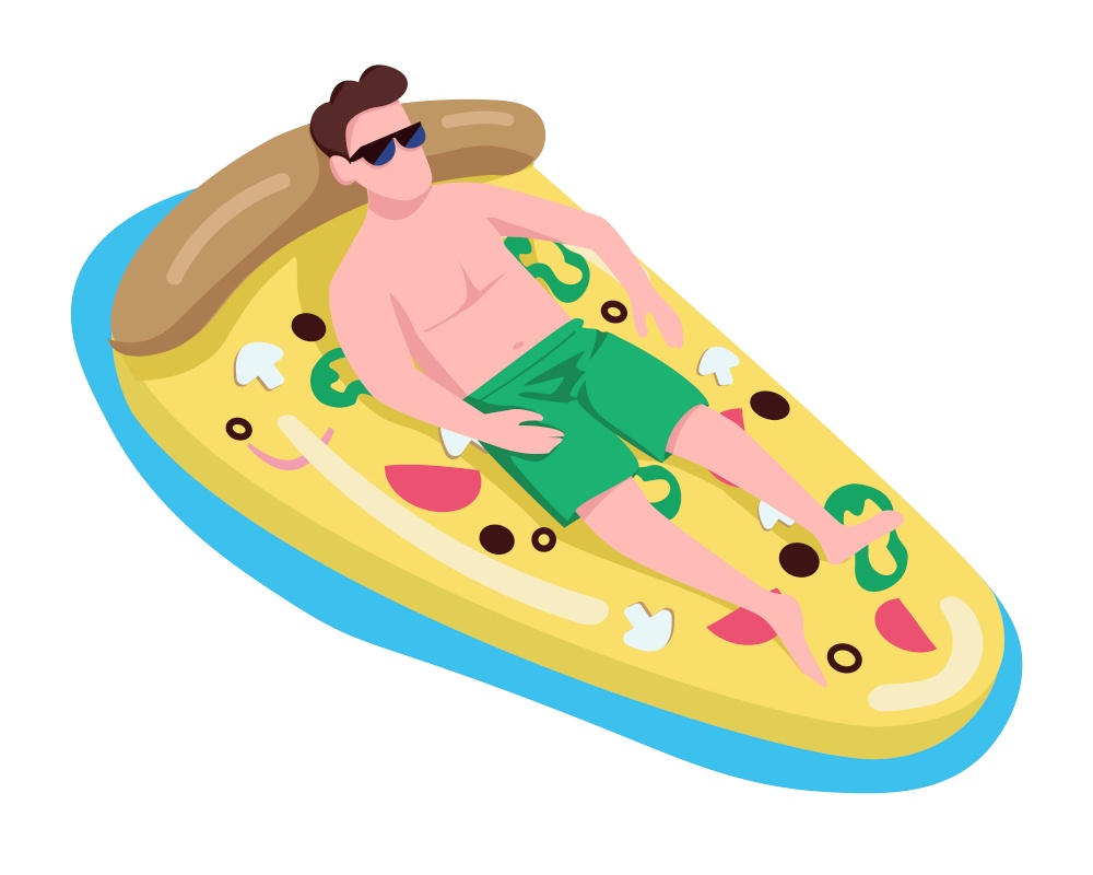 Man in sunglasses in pizza air mattress semi flat color vector character. Lying figure. Full body person on white. Pool activity simple cartoon style illustration for web graphic design and animation. Man in sunglasses in pizza air mattress semi flat color vector character