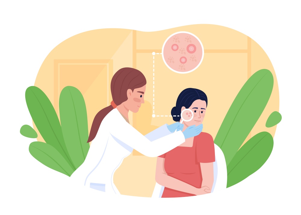 Dermatologist examining patient skin with acne 2D vector isolated illustration. Doctor and client flat characters on cartoon background. Beauty salon colourful scene for mobile, website, presentation. Dermatologist examining patient skin with acne 2D vector isolated illustration