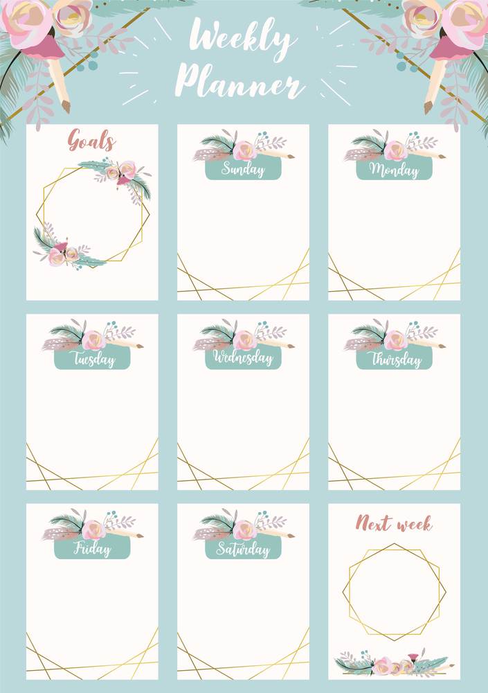 Weekly planner start on Sunday with flower,feather and sun,to do list that use for vertical digital and printable A4 A5 size