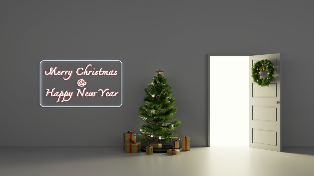 Merry Christmas and happy new year party room with Christmas tree present gift boxes and wreath as new beginning or opportunity 3D rendering illustration