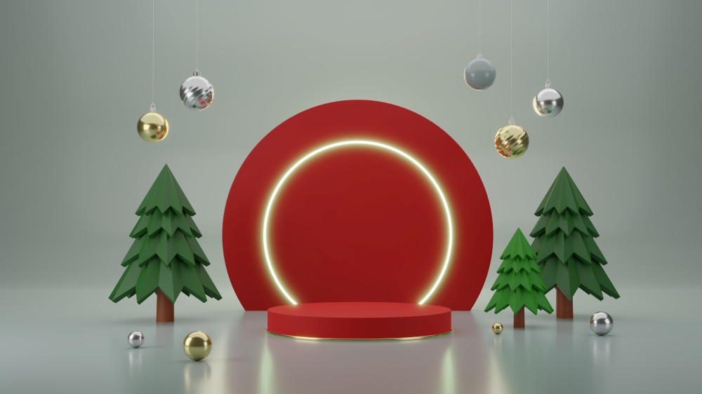 Empty cylindrical pedestal podium display with glowing neon frame as Christmas background 3D rendering illustration