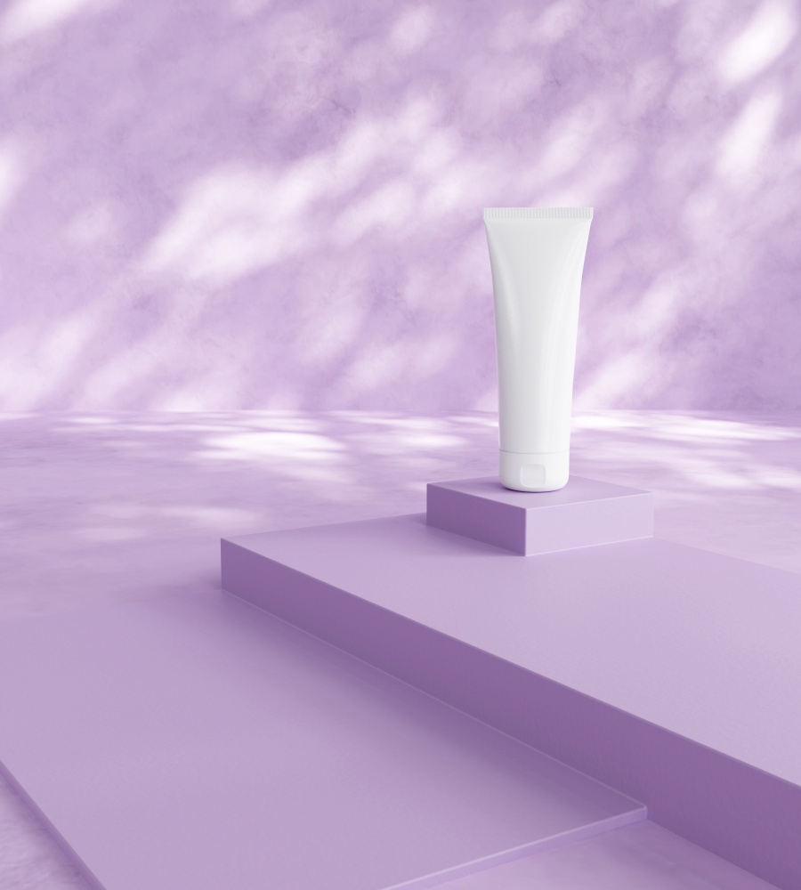 Cosmetic skincare beauty packaging product tube on step purple platform with shadow from sunlight 3D rendering illustration