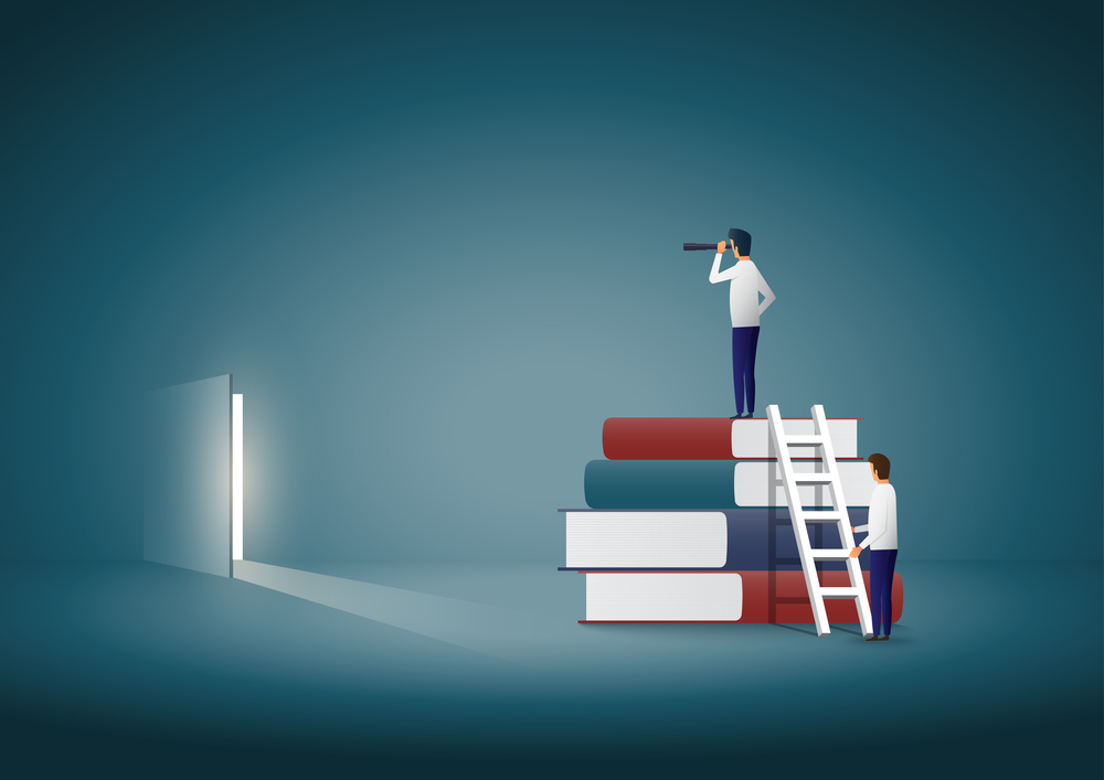 Business and education for future vector concept. Businessman standing on top of books and looking for a solution. illustrator vector.