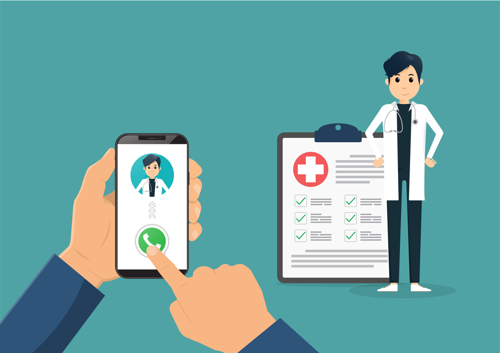 Hand holding smartphone with male doctor on call and an online consultation. Vector flat illustration.