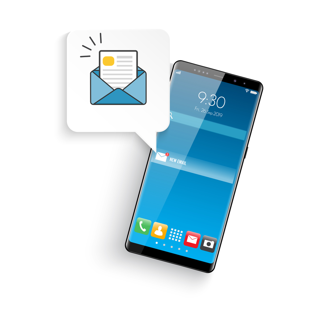 New realistic mobile smartphone modern style. Email notification concept. New email on the smartphone screen. Vector illustration.