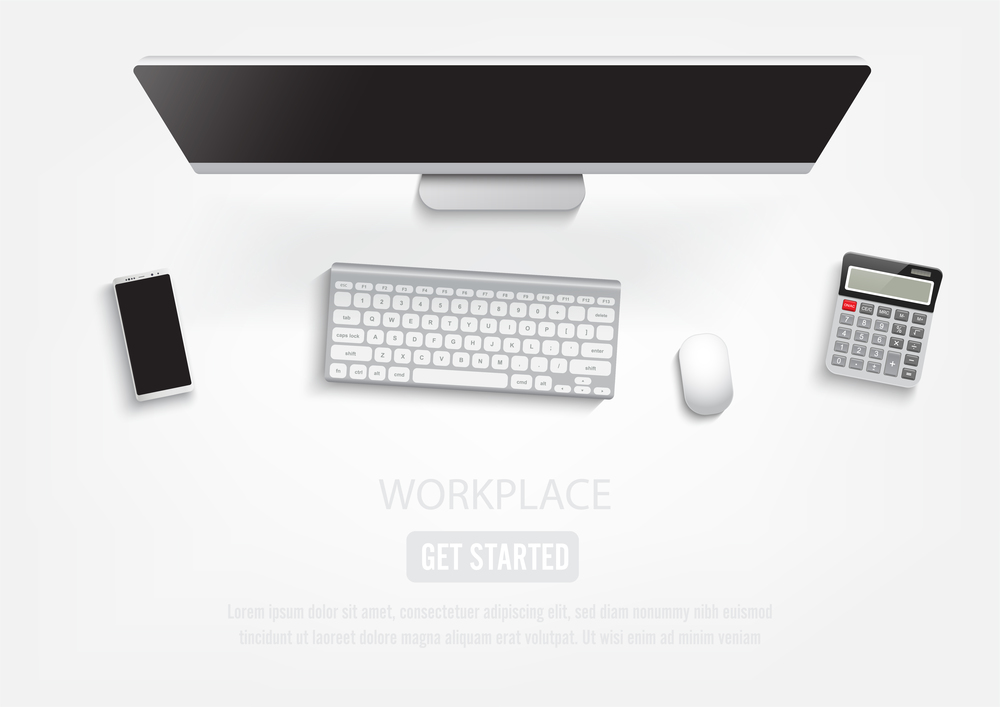 Realistic workplace desktop. Top view desk table, personal computer with keyboard, smartphone, stickers, glasses, open note. illustrator vector.