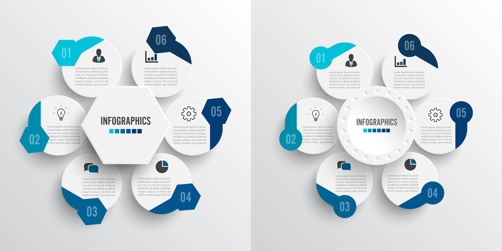 Set vector illustration infographics 6 options. Template for brochure, business, web design. For content, diagram, flowchart, steps, parts, timeline infographics, workflow, chart