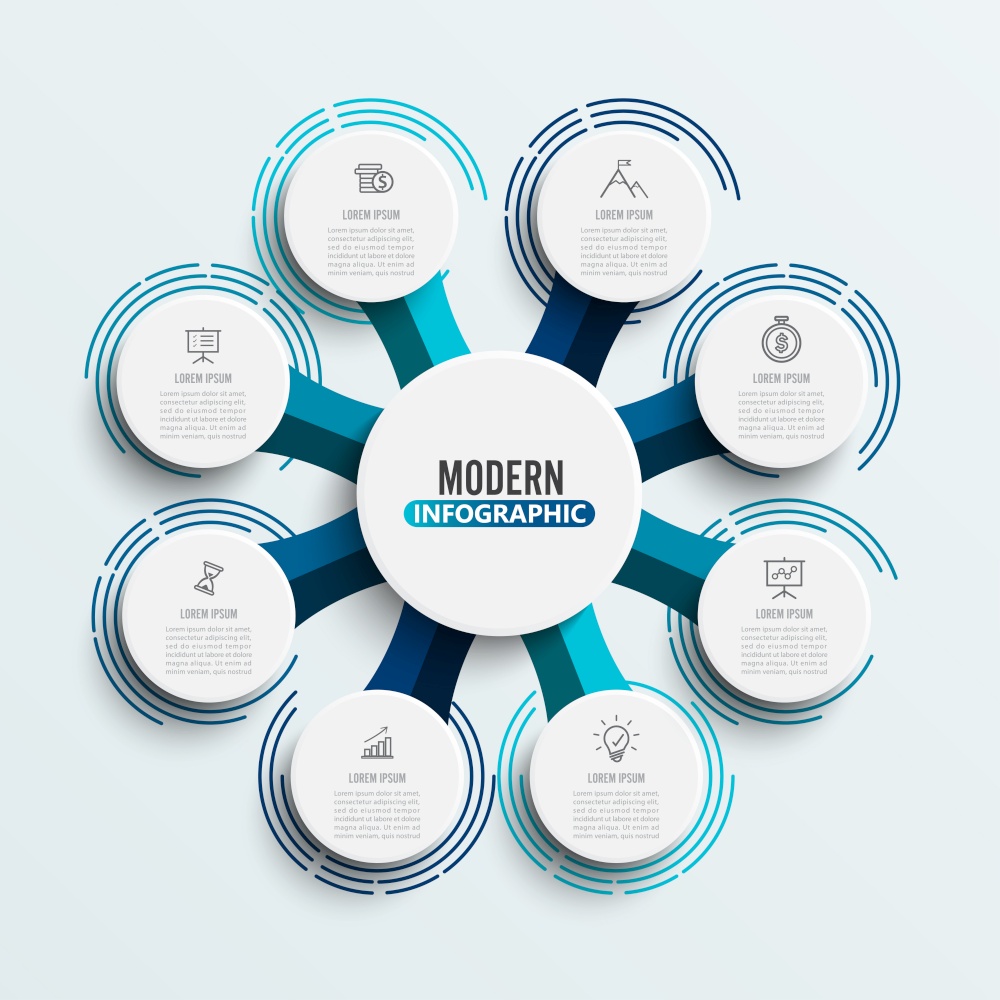 Vector infographic template with 3D paper label, integrated circles. Business concept with 8 options. For content, diagram, flowchart, steps, parts, timeline infographics, workflow, chart.
