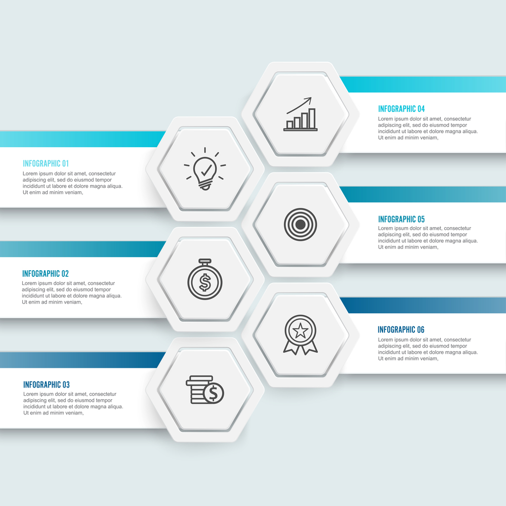 Vector illustration hexagon infographics 6 options. Template for brochure, business, web design.