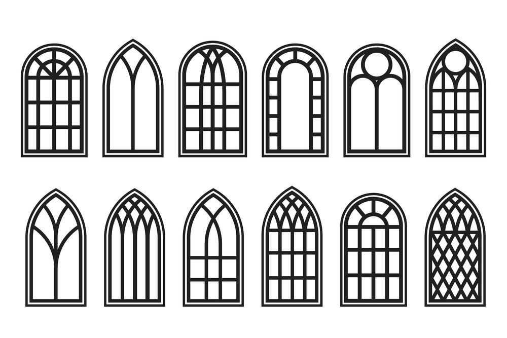 Gothic windows outline set. Silhouette of vintage stained glass church frames. Element of traditional european architecture. Vector illustration. Gothic windows outline set. Silhouette of vintage stained glass church frames. Element of traditional european architecture. Vector