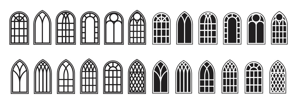 Gothic windows outline set. Silhouette of vintage stained glass church frames. Element of traditional european architecture. Vector illustration. Gothic windows outline set. Silhouette of vintage stained glass church frames. Element of traditional european architecture. Vector