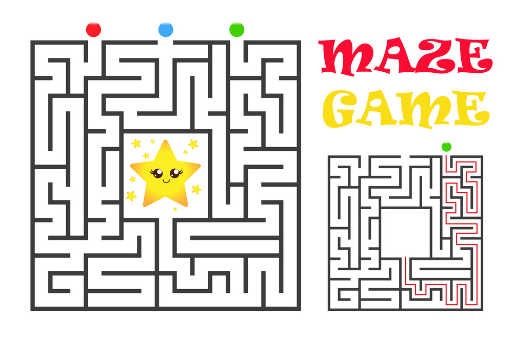 Square maze labyrinth game for kids. Logic conundrum with star. Four entrance and one right way to go. Vector flat illustration isolated on white background.. Square maze labyrinth game for kids. Logic conundrum with star. Four entrance and one right way to go. Vector flat illustration