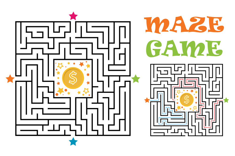 Square maze labyrinth game for kids. Logic conundrum with golden coin. Four entrance and one right way to go. Vector flat illustration isolated on white background.. Square maze labyrinth game for kids. Logic conundrum with golden coin. Four entrance and one right way to go. Vector flat illustration