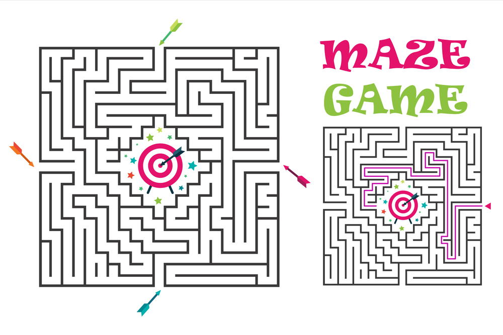 Square maze labyrinth game for kids. Logic conundrum with target and arrows. 4 entrance and one right way to go. Vector flat illustration isolated on white background.. Square maze labyrinth game for kids. Logic conundrum with target and arrows. 4 entrance and one right way to go. Vector flat illustration
