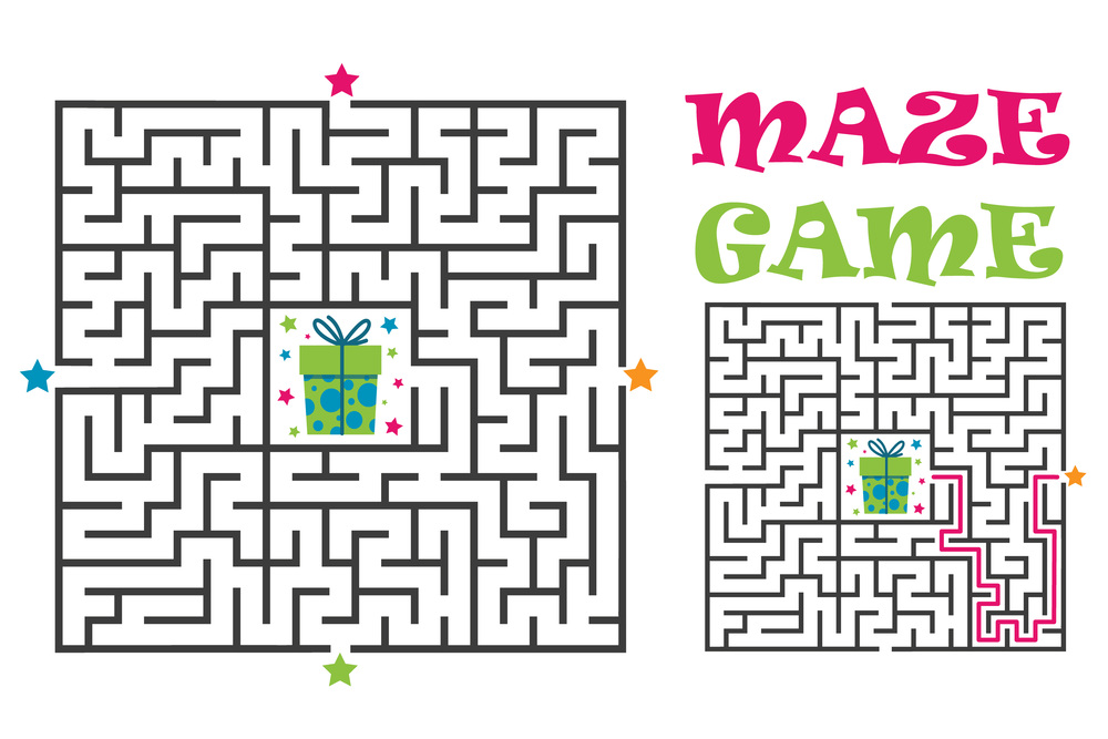 Square maze labyrinth game for kids. Logic conundrum. Four entrance and one right way to go. Vector flat illustration isolated on white background.. Square maze labyrinth game for kids. Logic conundrum. Four entrance and one right way to go. Vector flat illustration