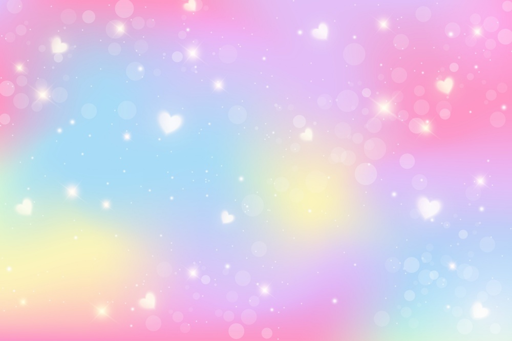 Rainbow unicorn background. Holographic illustration in pastel colors. Cute cartoon girly background. Bright multicolored sky with stars and hearts Vector. Rainbow unicorn background. Holographic illustration in pastel colors. Cute cartoon girly background. Bright multicolored sky with stars and hearts. Vector.