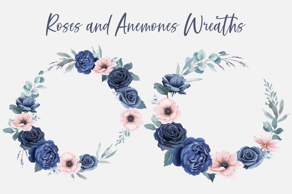 Wreaths of blue roses and anemones flowers in watercolor style