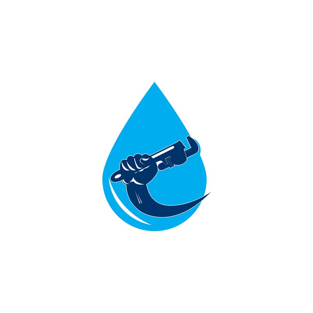 Wrench in hand and water tap repair and service plumbing symbol
