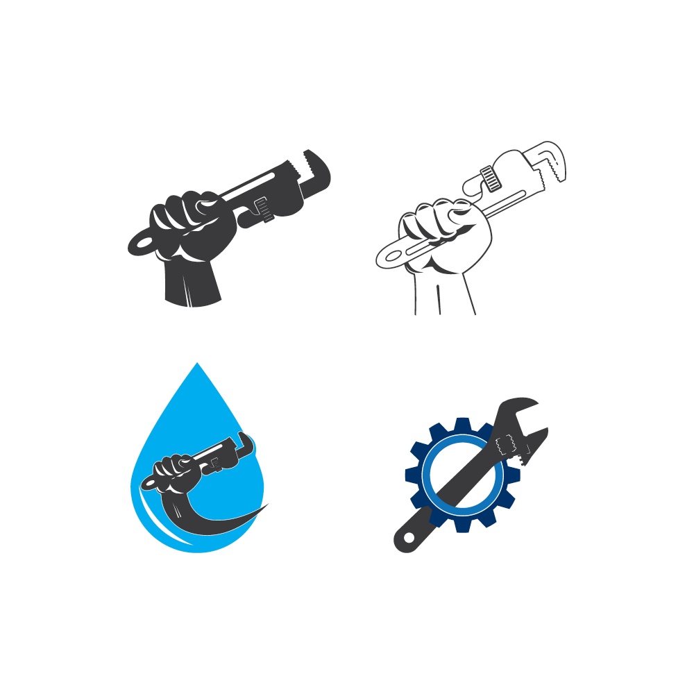 Wrench in hand and water tap repair and service plumbing symbol