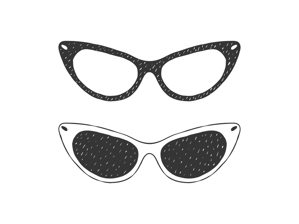 Women&rsquo;s sunglasses. Retro textured Sunglasses. Hand drawn sunglasses. Sketch style. Vector illustration