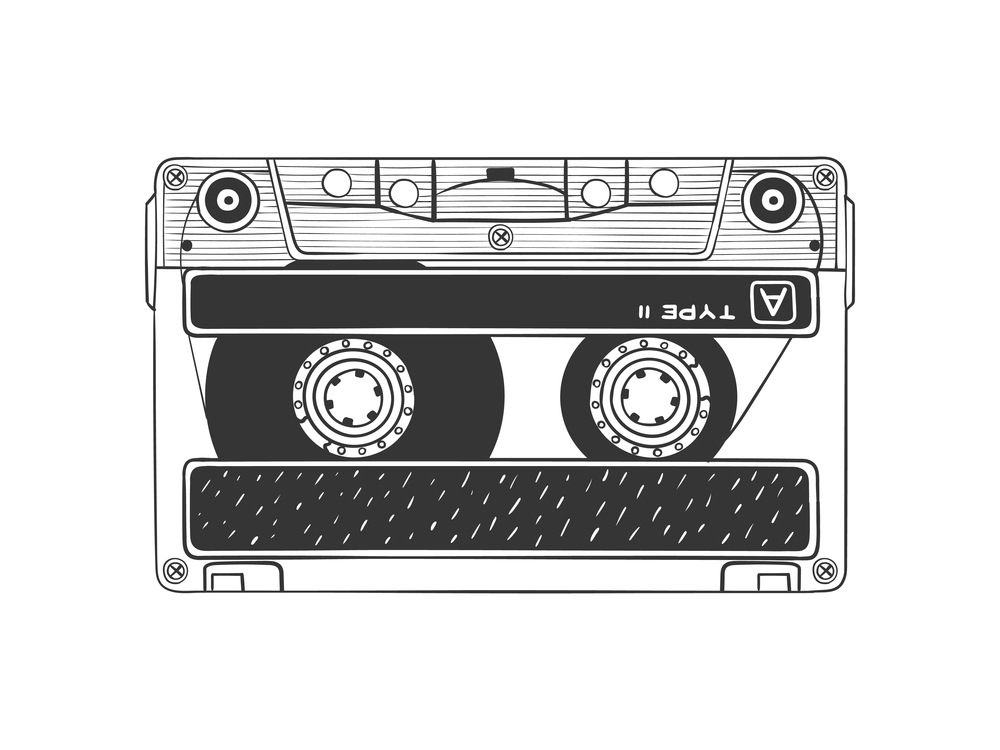 Audio cassette. Textured Compact Cassette. Hand drawn audio cassette. Sketch style. Vector illustration