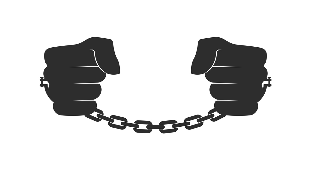 Black male hands in shackles. Slavery concept. Black person in bondage. Abolitionism. Flat vector illustration isolated on white background.. Black male hands in shackles. Slavery concept. Flat vector illustration isolated on white