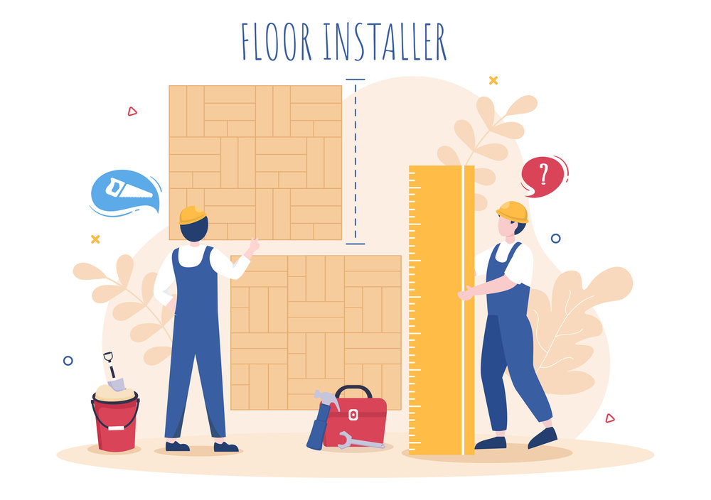 Floor Installation Cartoon Illustration with Repairman, Laying Professional Parquet, Wood or tile Floors in House Flooring Renovation Design
