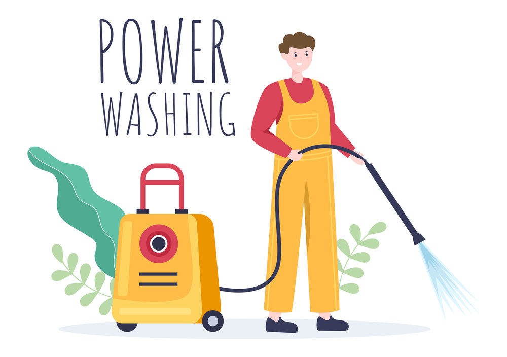 Power Washing Machine Cleaner with Various Cleaning Tools and Outside Cleanup Service in Flat Cartoon Background Illustration