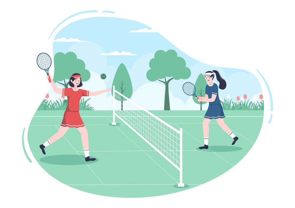 Tennis Player with Racket in Hand and Ball on Court. People doing Sports Match in Flat Cartoon Illustration