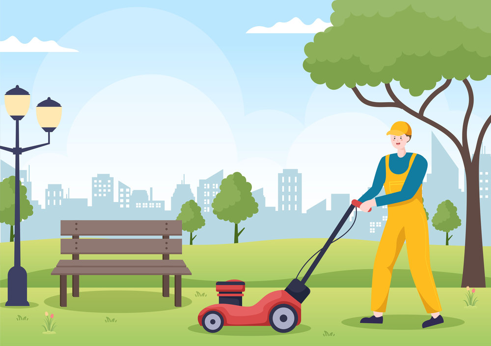 Lawn Mower Cutting Green Grass, Trimming and Care on Page or Garden in Flat Cartoon Illustration