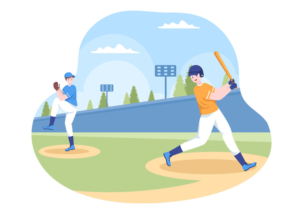 Baseball Player Sports Throwing, Catching or Hitting a Ball with Bats and Gloves Wearing Uniform on Court Stadium in Flat Cartoon Illustration