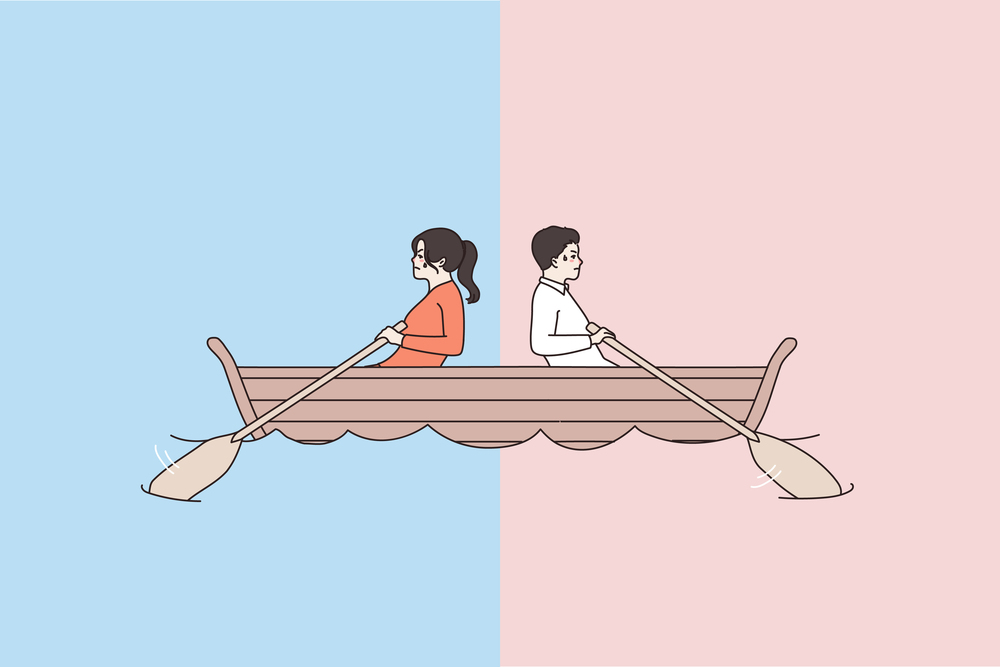 Man and woman in boat row in different direction, not reach goal. Stubborn couple in ship sail in opposite way. Getting nowhere concept. Conflict of interest, breakup, split. Flat vector illustration.. Man and woman in boat row in different directions