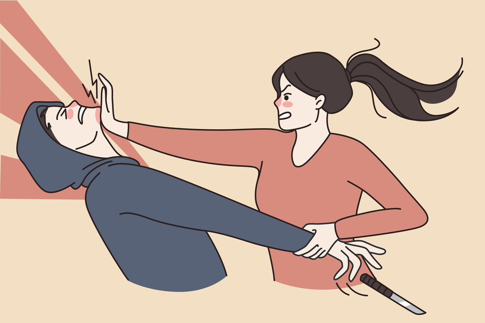 Woman fight thief protect herself from criminal mugging robbing. Decisive strong female defend beat burglar bandit on street. Self defense concept. Flat vector illustration, cartoon character. . Woman fight defend herself from thief