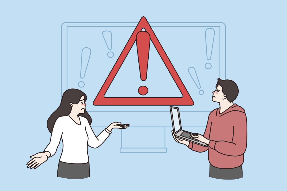 Distressed people use computer have operational error notification on screen. Stressed man and woman see mistake system warning on laptop. Repair, device breakdown. Flat vector illustration. . Distressed people use computer have error notification