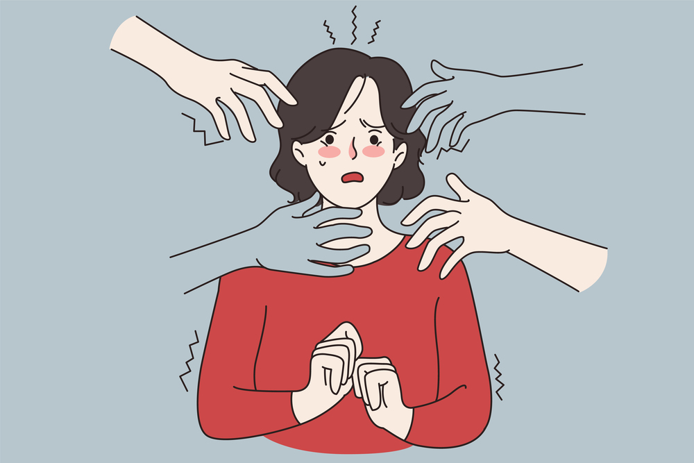 Hands stretched to anxious unhappy scared woman suffer from panic attack. Frightened terrified worried female struggle with psychology mental disorder. Anxiety concept. Flat vector illustration. . Hands stretched to anxious woman having panic attack