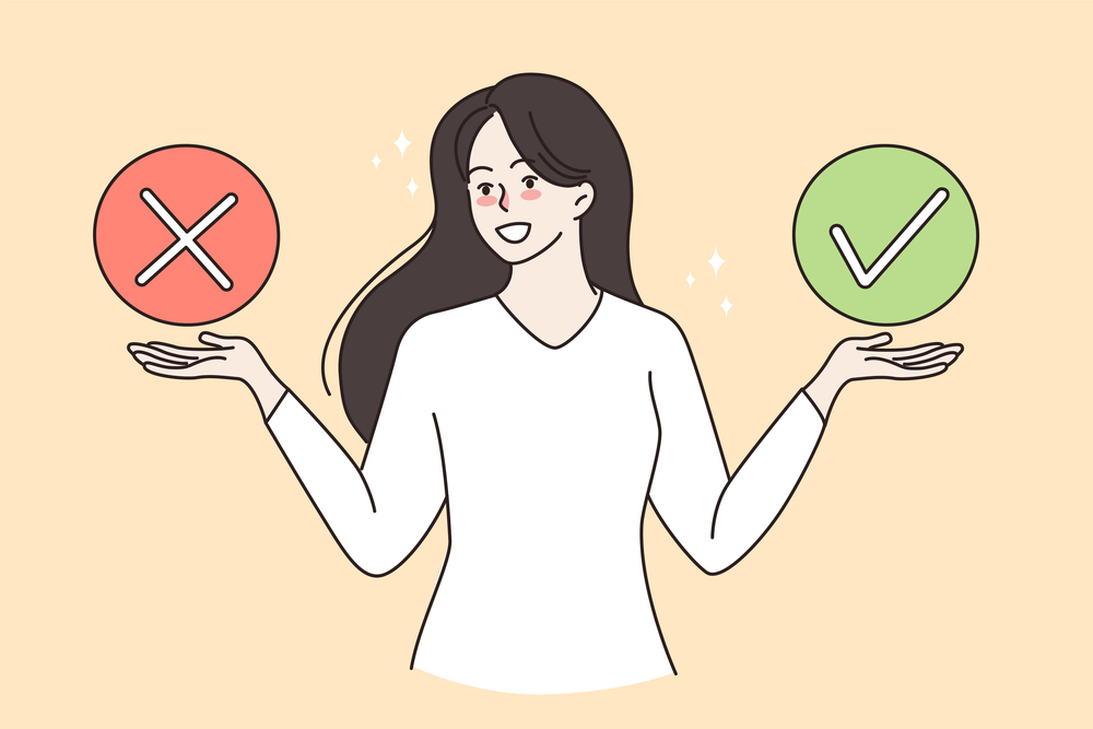 Smiling woman choose among yes or no answer. Happy female make choice or decision with positive negative checkmark. Voting, feedback, customer survey concept. Vector illustration. . Smiling woman hold yes and no checkmarks