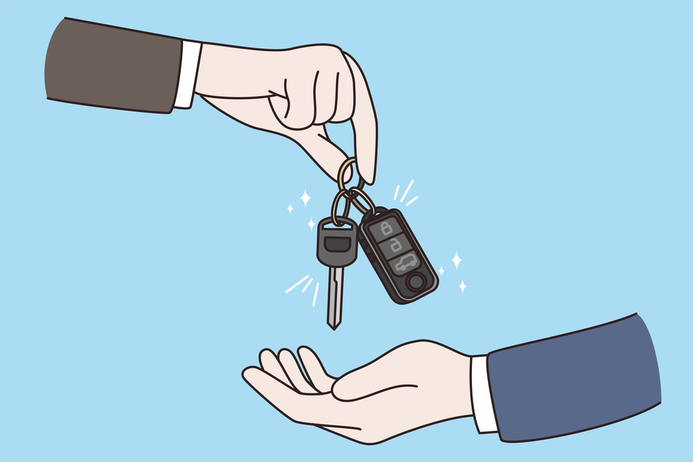 Seller give car keys to man buyer. Buying or renting new or used automobile in saloon or market. Auto dealer congratulate client with purchase. Rental or sale concept. Flat vector illustration. . Auto dealer give car keys to buyer