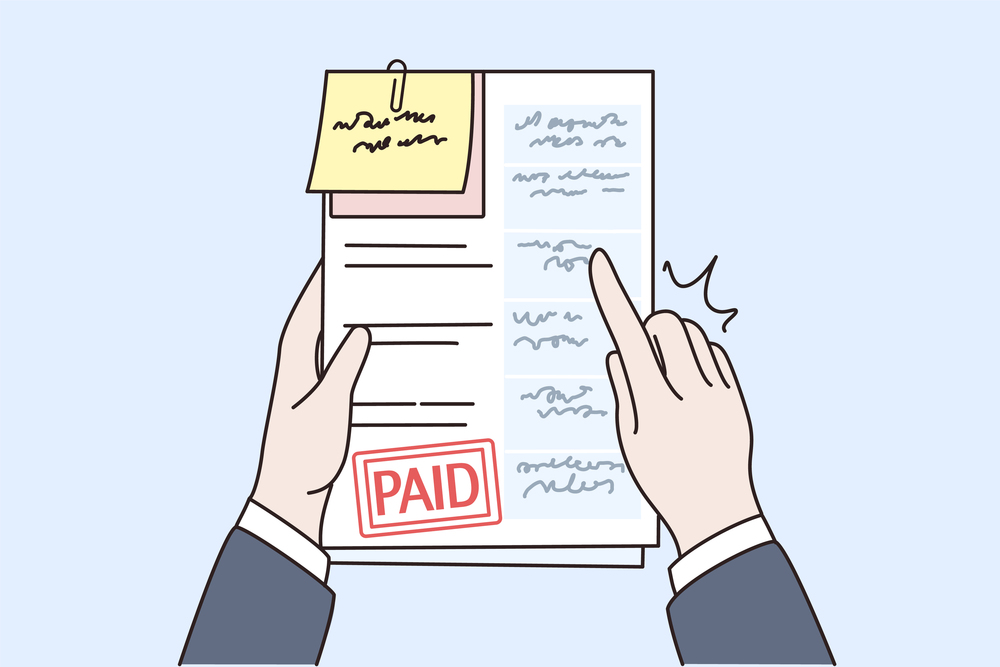 Person hands with stack of documents and bills with paid notice. Man hold invoices or sheets about debt or expense payment. Finances, banking concept. Flat vector illustration, cartoon character. . Person hold papers with paid bills and invoices