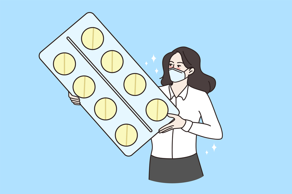 Young woman in facemask hold pills in hands protect from covid-19 pandemics. Sick ill female in facial mask with tablets medication against corona virus. Medicine, healthcare. Vector illustration. . Woman in facemask hold pills from disease