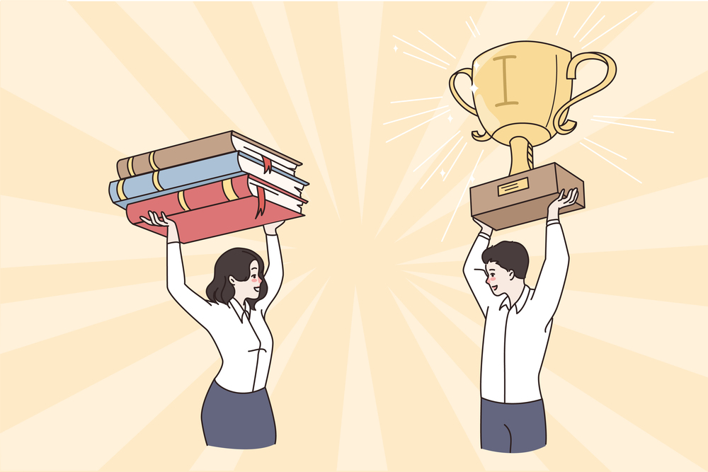 People carry book pile and gold prize in hands. Smiling student get award study learn online, graduate from university or college. Good quality course, distant education concept. Vector illustration. . Happy students with books and prize in hands