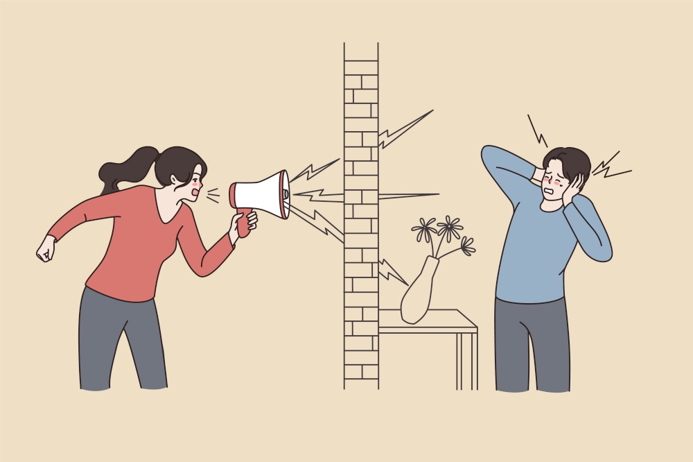 Woman neighbor scram yell in loudspeaker annoy or bother man living next door. Neigbour shouting loud in megaphone to bother flat mate. Housing, renter problem. Flat vector illustration. . Woman neighbor shout in loudspeaker annoying flat mate