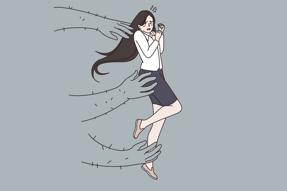 Scared terrified young woman grasped by huge hands, suffer from men aggressive rude behavior. Girl struggle with sexual harassment at work. Violence and bullying problem concept. Vector illustration. . Scared woman suffer from sexual harassment at work