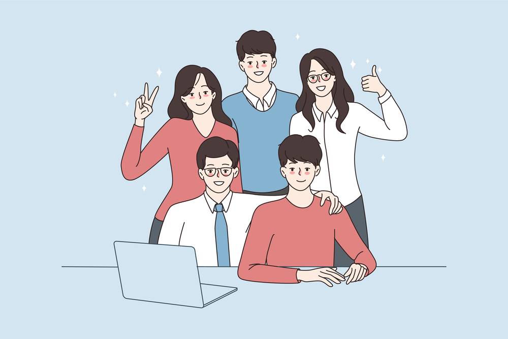 Portrait of smiling young diverse multiracial work team work together on computer. Happy multiethnic people employees pose for picture in office. Teamwork concept. Flat vector illustration. . Portrait of smiling employee team work on computer