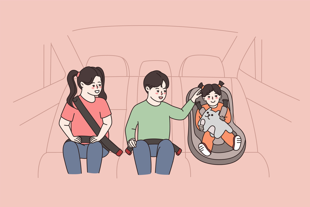 Smiling three kids of different age in car backseat use safety belts and child seat for protection. Children safe in automobile. Life saving habit and rules. Vector illustration, cartoon characters. . Happy three kids in car using safety measures