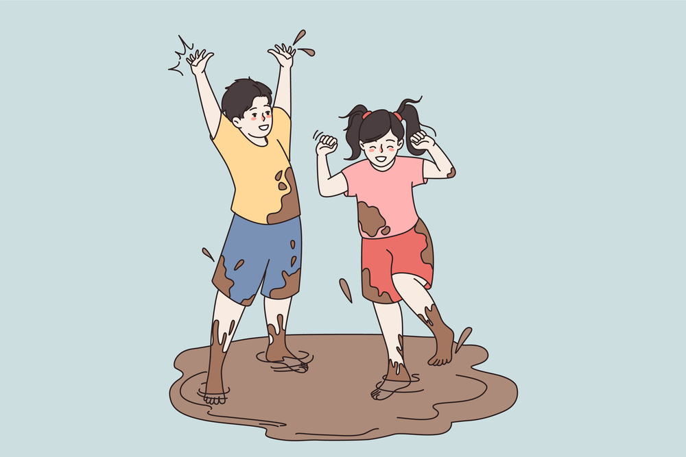 Happy small children jump in mud have fun outdoor. Smiling little kids play in dirty puddle in street. Manner and behavior, upbringing, childhood concept. Vector illustration, cartoon character. . Happy small kids play jump in dirty puddle