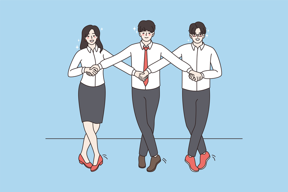 Teamwork and corporate party concept. Group of three colleagues holding hands dancing together in office during corporate event vector illustration . Teamwork and corporate party concept