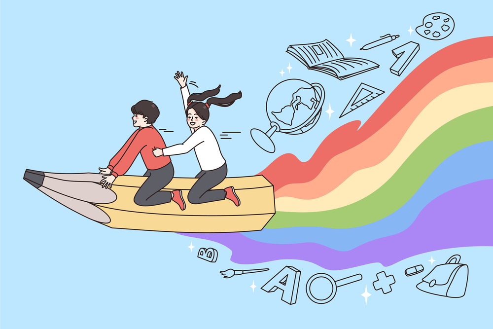 Children enjoying drawing and painting concept. Two friends kids boy and girl sitting on pencil with rainbow shadow flying over sky vector illustration . Children enjoying drawing and painting concept