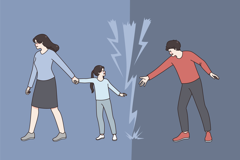 Divorce and difficult choice concept. Woman mother holding her daughter hand and going away with her while her father reaching for her from another side vector illustration . Divorce and difficult choice concept