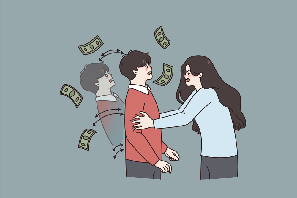 Financial addiction and money concept. Young angry mercantile woman standing and demanding money from frustrated man vector illustration . Financial addiction and money concept.